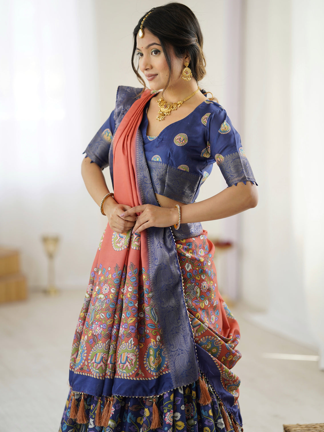 Royal blue rust kalamkari tussar silk lehenga with zari border tassel dupatta traditional wedding festive wear