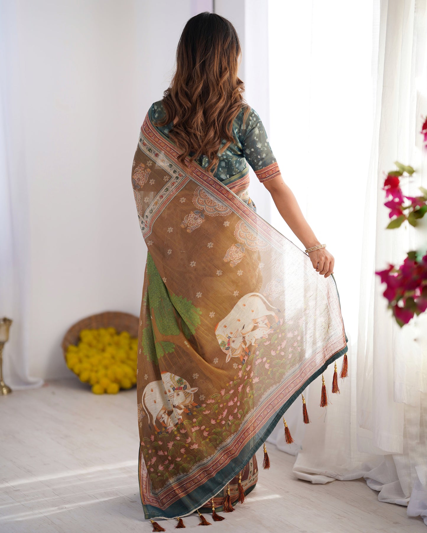 Teal Green & Brown Pure Linen Cotton Handloom Saree with Royal Cow & Tree Motif Pallu