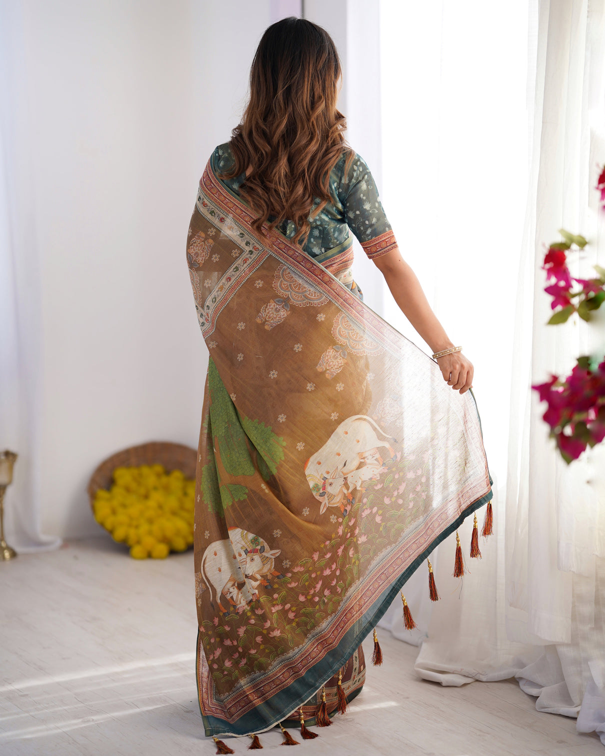 Teal green brown pure linen cotton handloom saree with royal cow tree motif pallu