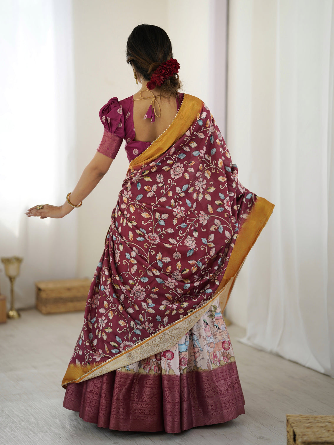 Maroon kalamkari lehenga with mustard zari embroidered dupatta