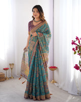 Sea Green & Purple Linen Cotton Saree with Hand-Painted Krishna Raas Leela Pallu