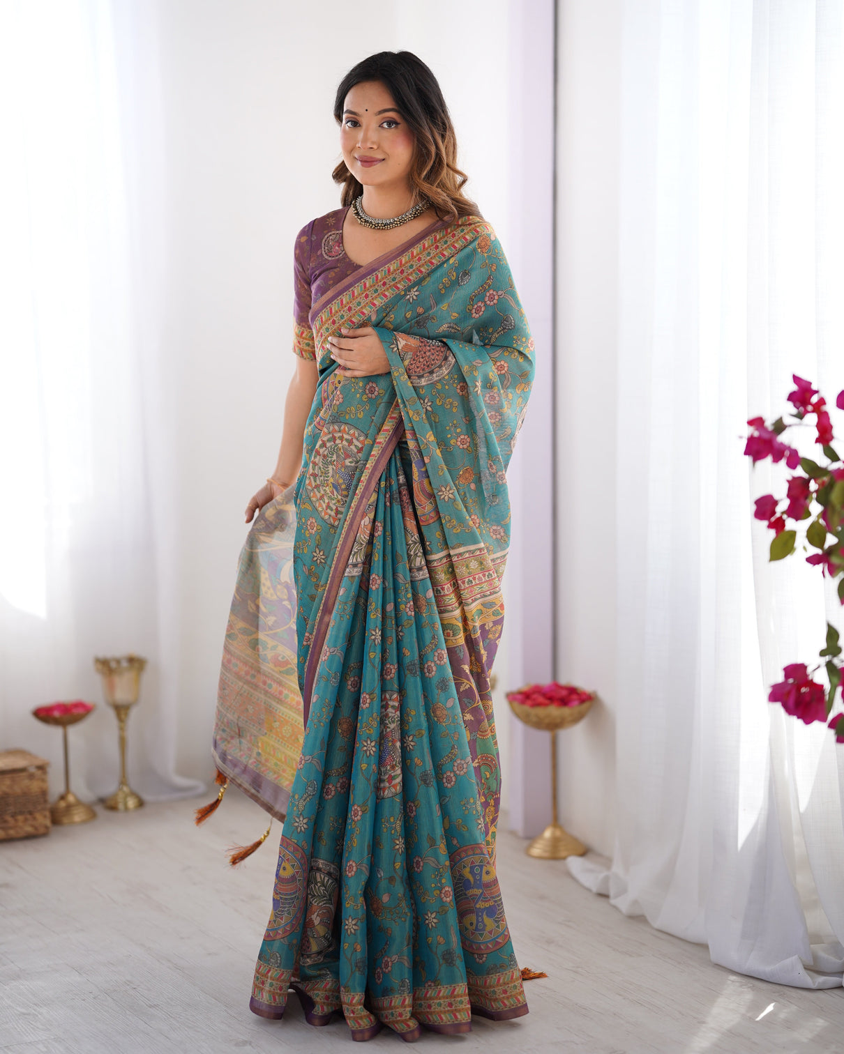 Sea green purple linen cotton saree with hand painted krishna raas leela pallu mameraa