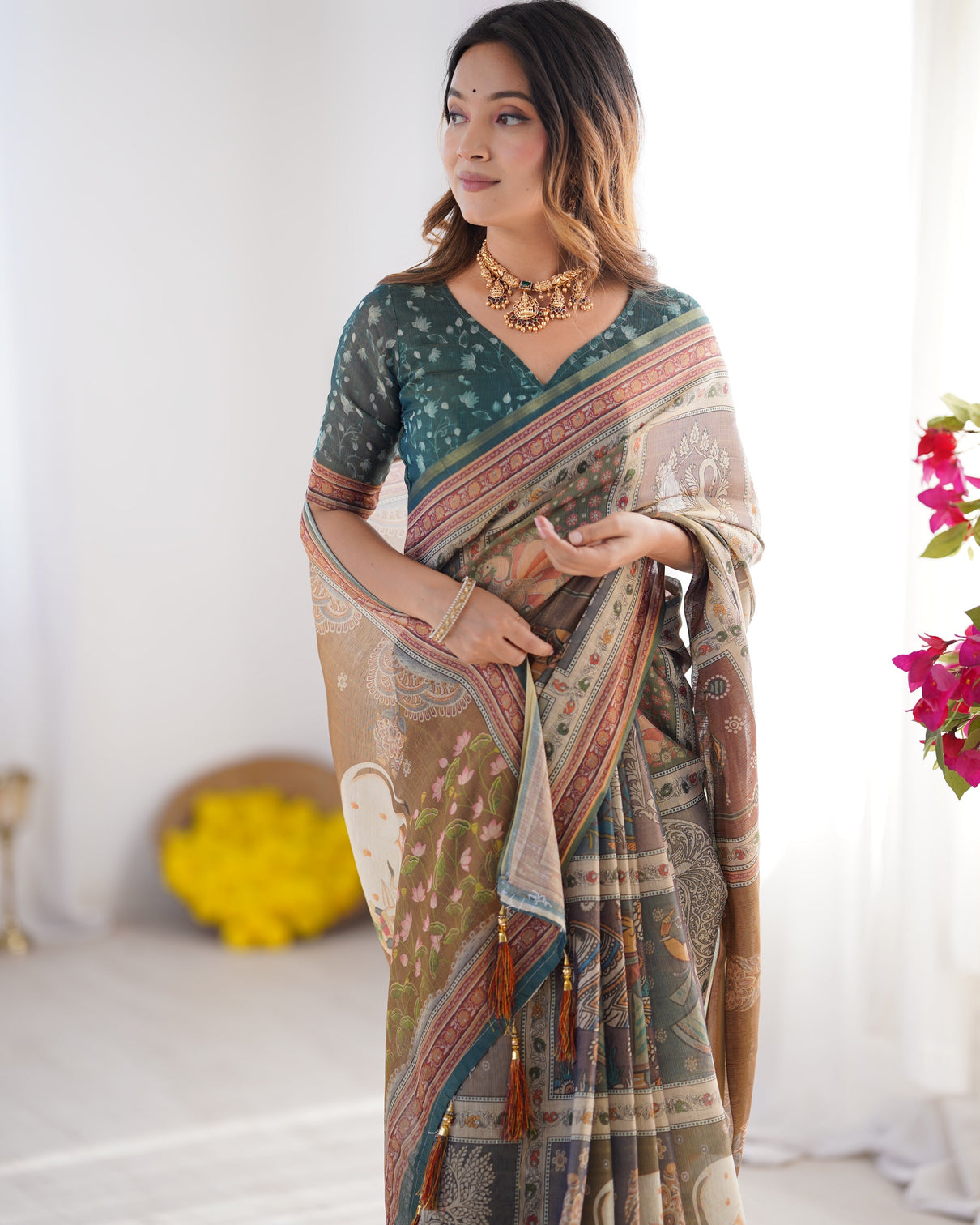 Teal green brown pure linen cotton handloom saree with royal cow tree motif pallu