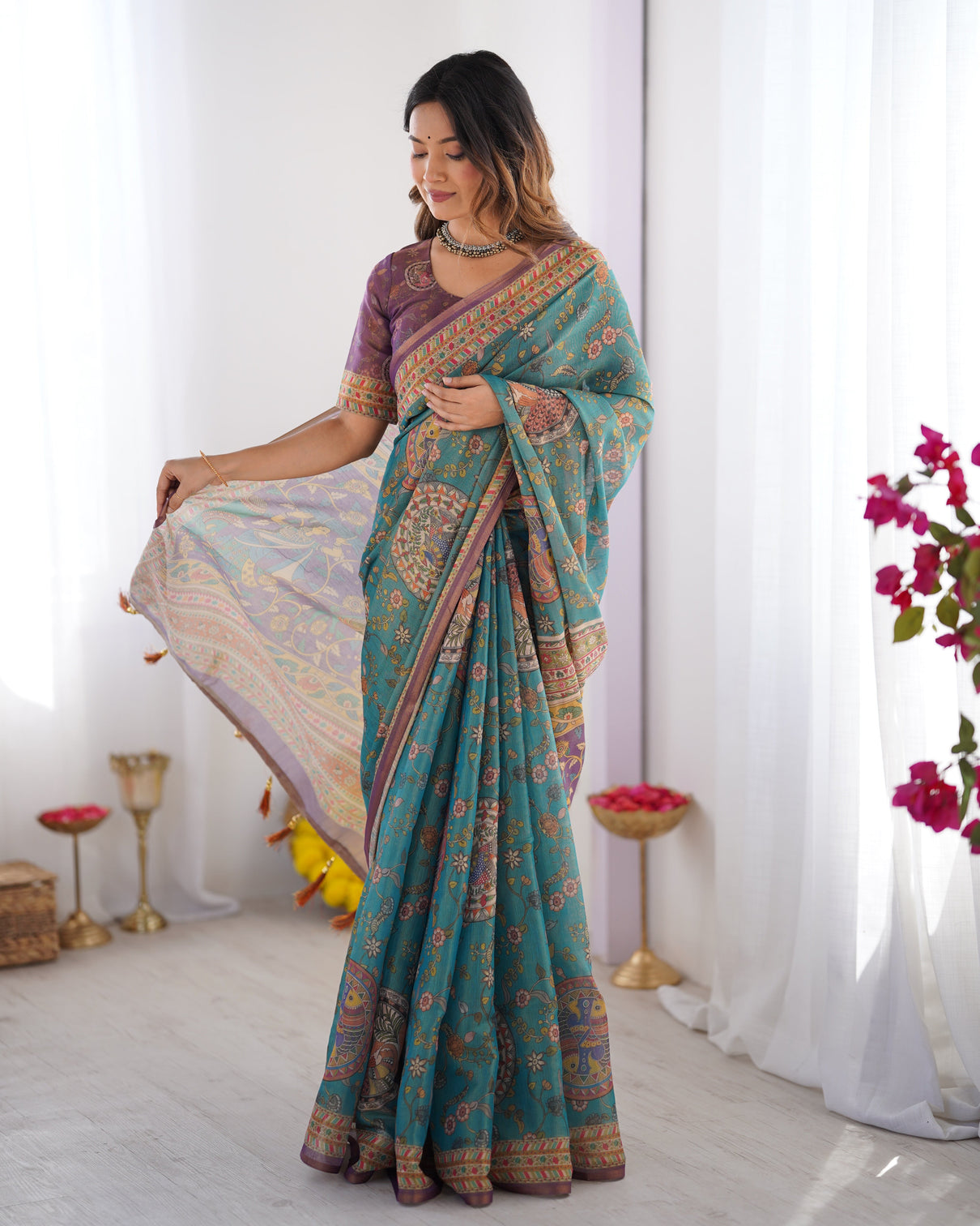 Sea green purple linen cotton saree with hand painted krishna raas leela pallu