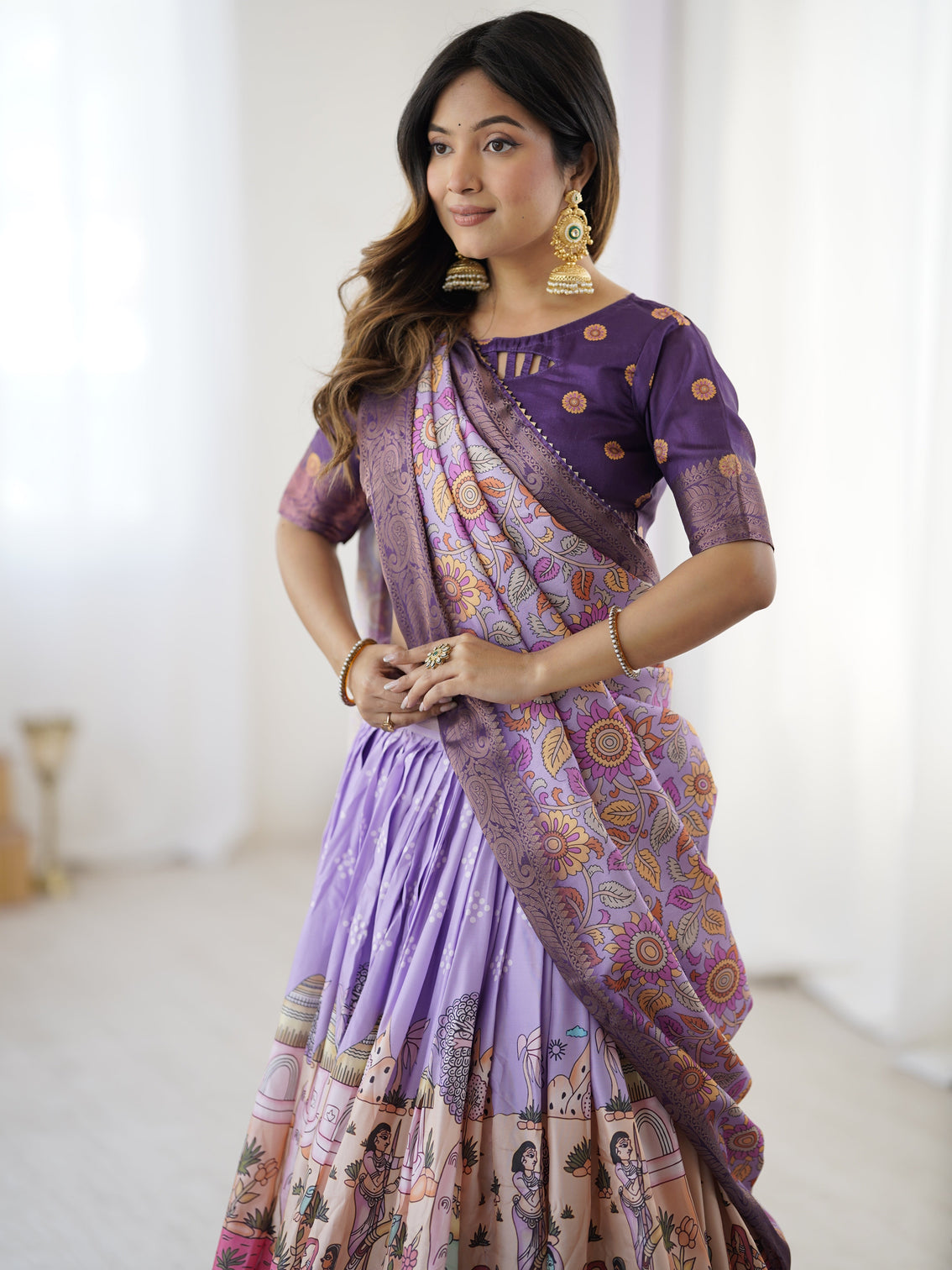 Elegant kalamkari lehenga in lavender and purple with mythical print and floral dupatta