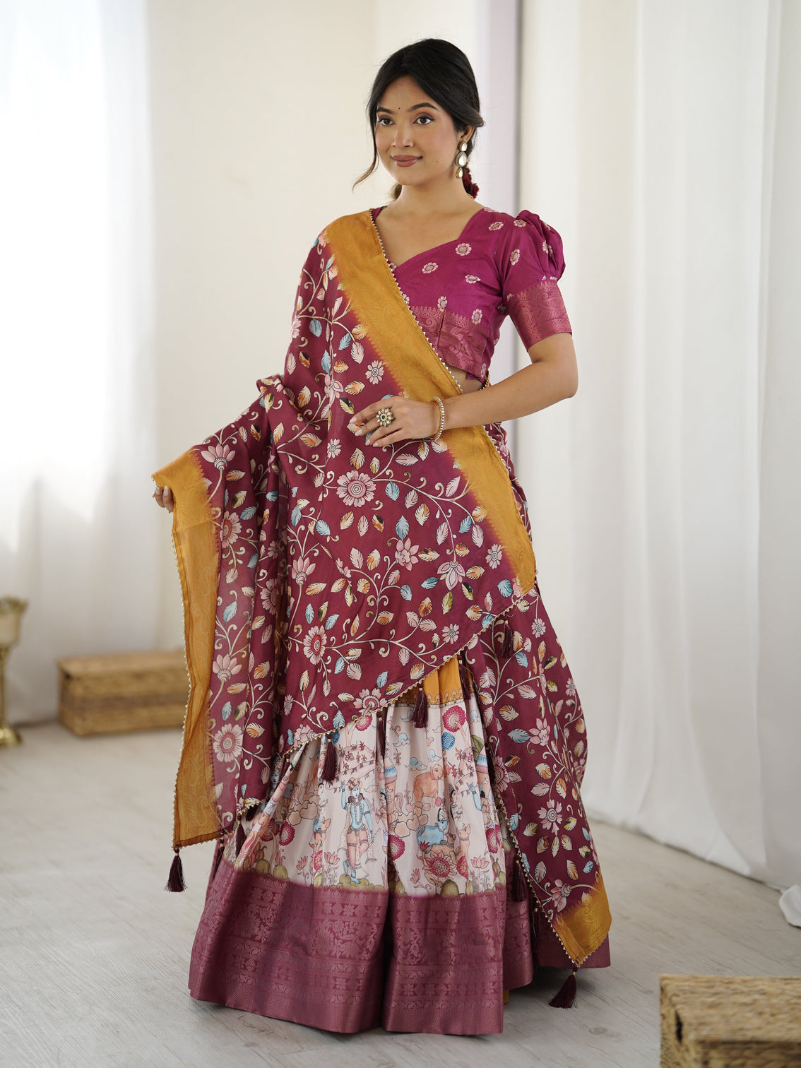 Maroon kalamkari lehenga with mustard zari embroidered dupatta