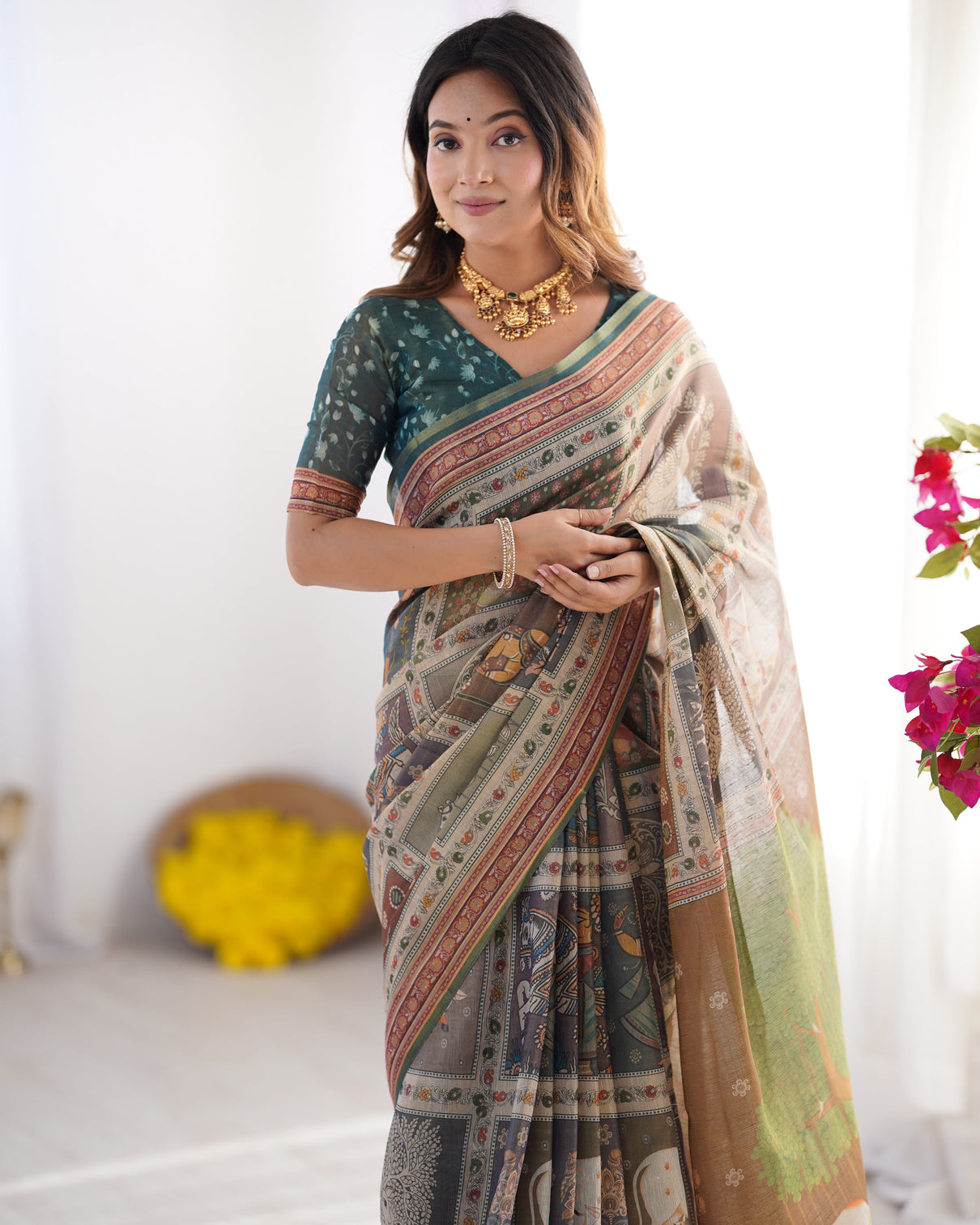 Teal green brown pure linen cotton handloom saree with royal cow tree motif pallu