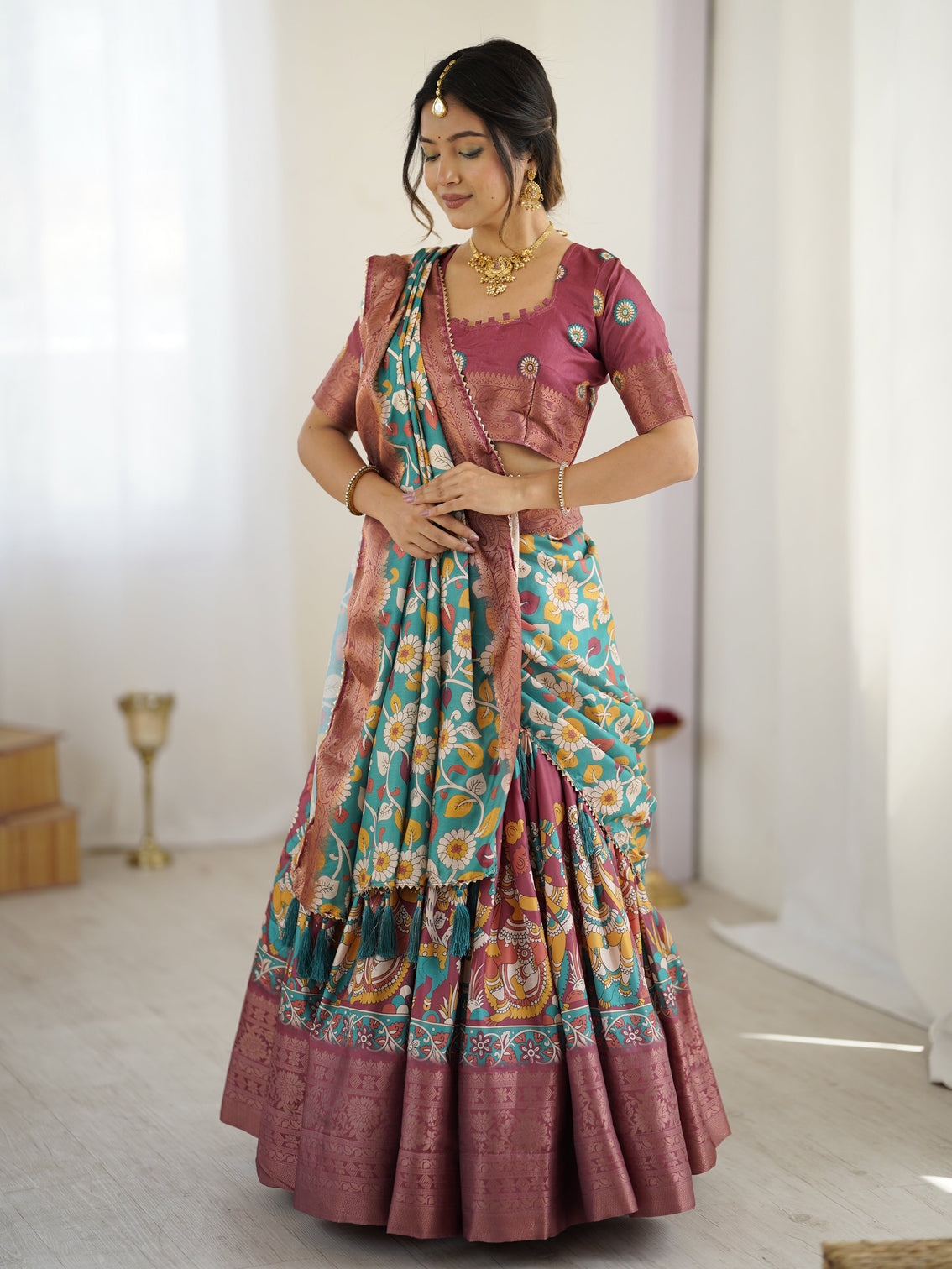 Wine turquoise kalamkari tussar silk lehenga with floral motifs zari border tassel dupatta wedding festive wear