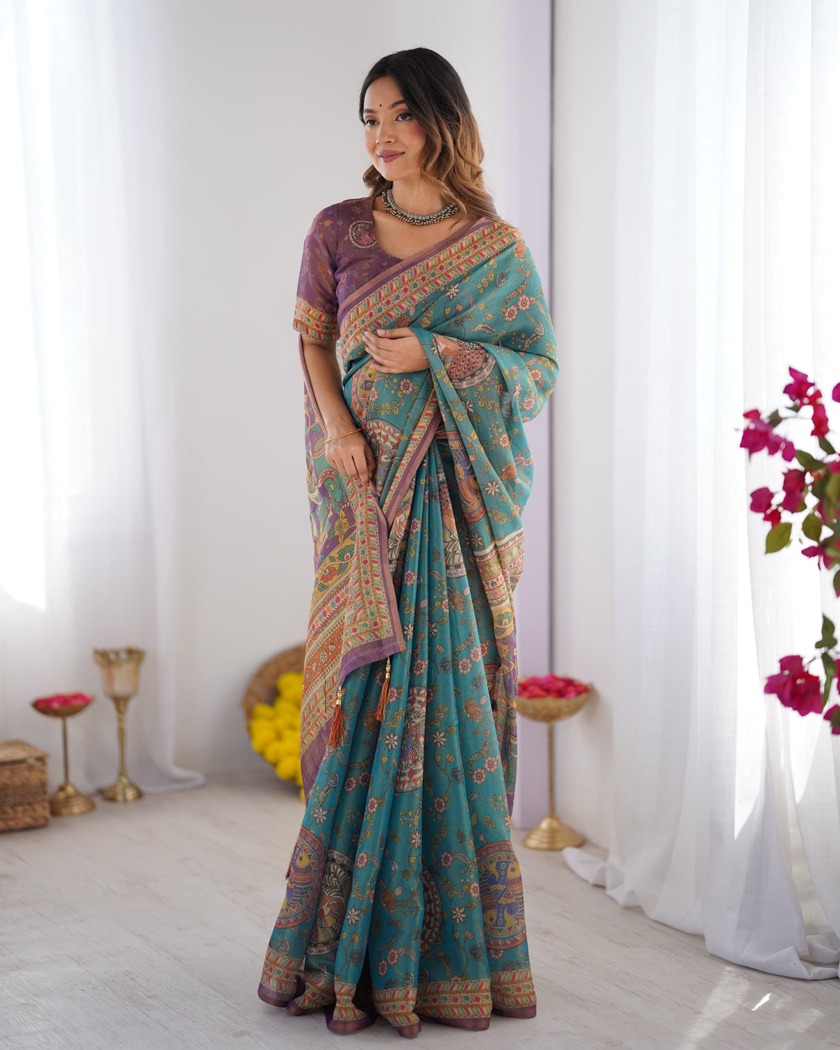 Sea green purple linen cotton saree with hand painted krishna raas leela pallu