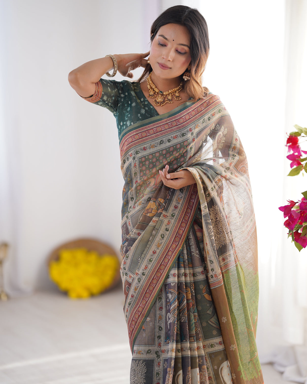 Teal green brown pure linen cotton handloom saree with royal cow tree motif pallu