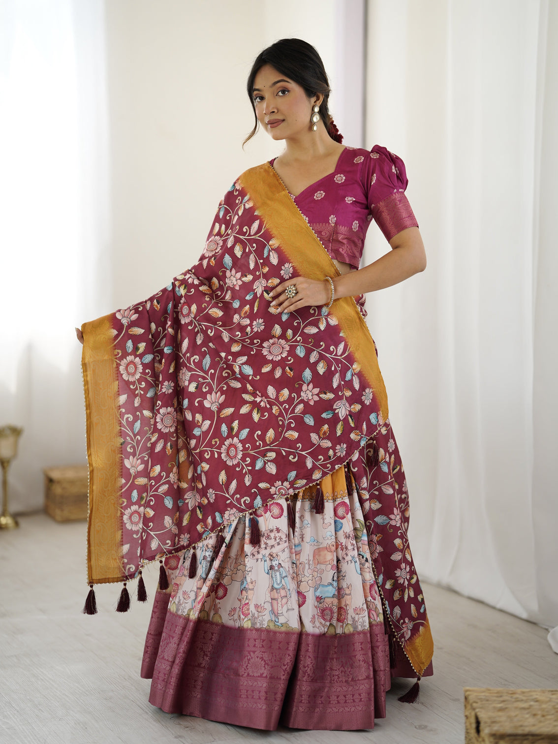 Maroon kalamkari lehenga with mustard zari embroidered dupatta