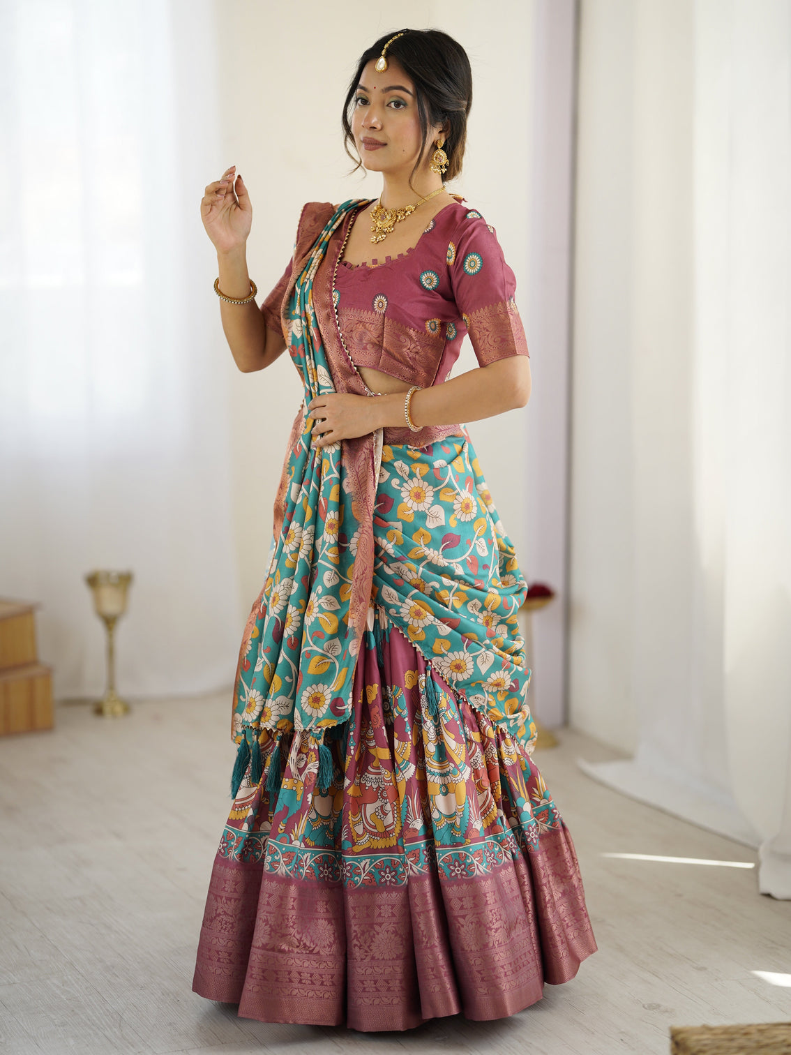 Wine turquoise kalamkari tussar silk lehenga with floral motifs zari border tassel dupatta wedding festive wear