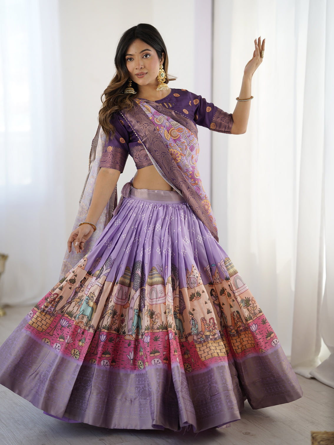 Elegant kalamkari lehenga in lavender and purple with mythical print and floral dupatta