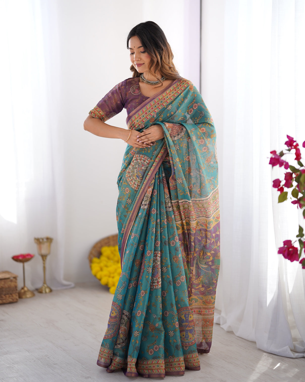 Sea green purple linen cotton saree with hand painted krishna raas leela pallu