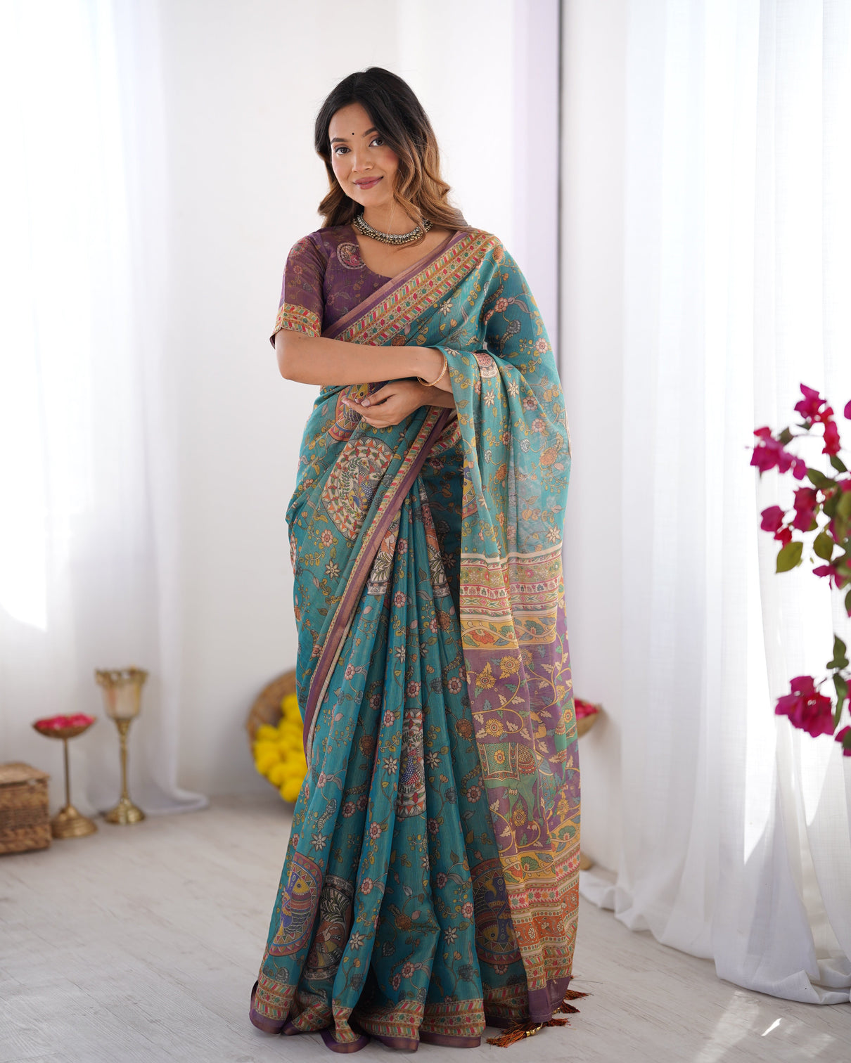 Sea green purple linen cotton saree with hand painted krishna raas leela pallu