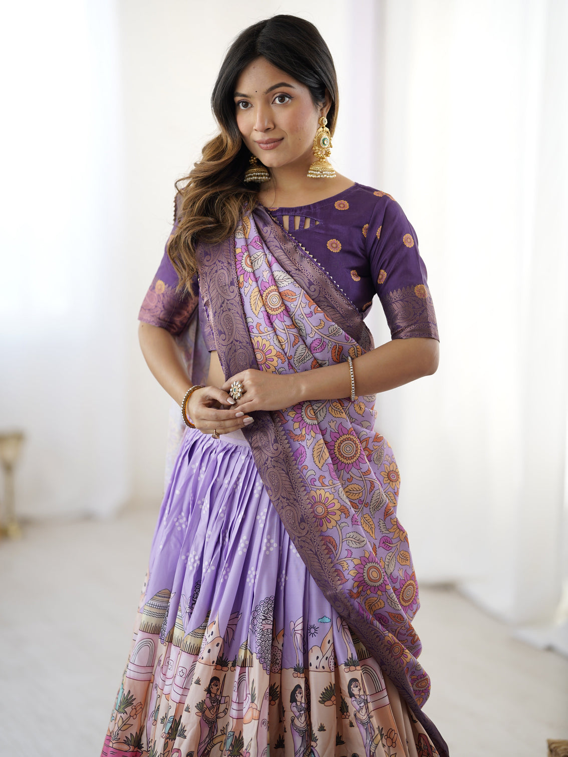 Elegant kalamkari lehenga in lavender and purple with mythical print and floral dupatta