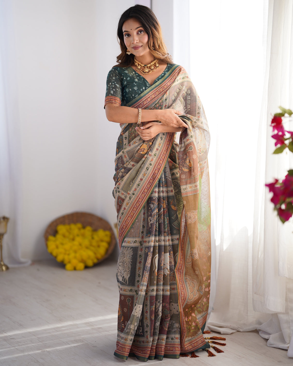 Teal green brown pure linen cotton handloom saree with royal cow tree motif pallu