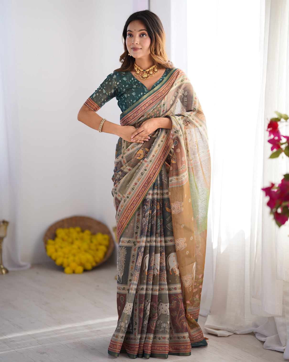 Teal green brown pure linen cotton handloom saree with royal cow tree motif pallu