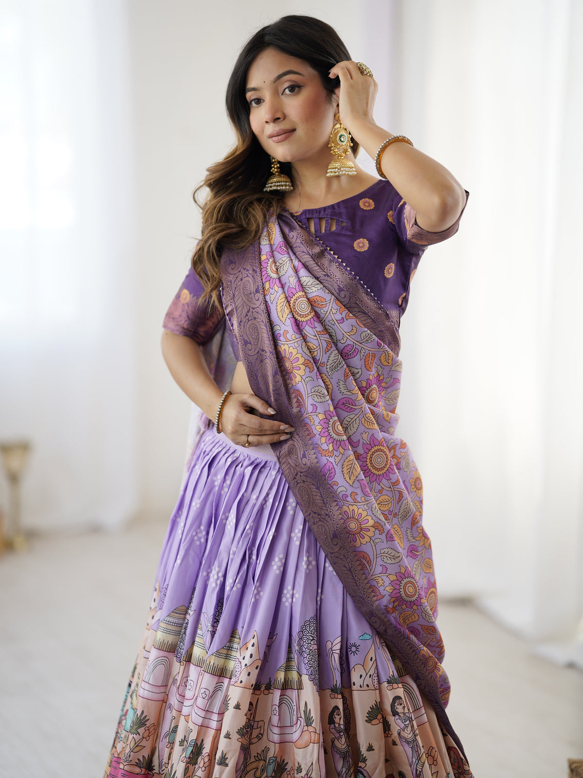 Elegant kalamkari lehenga in lavender and purple with mythical print and floral dupatta