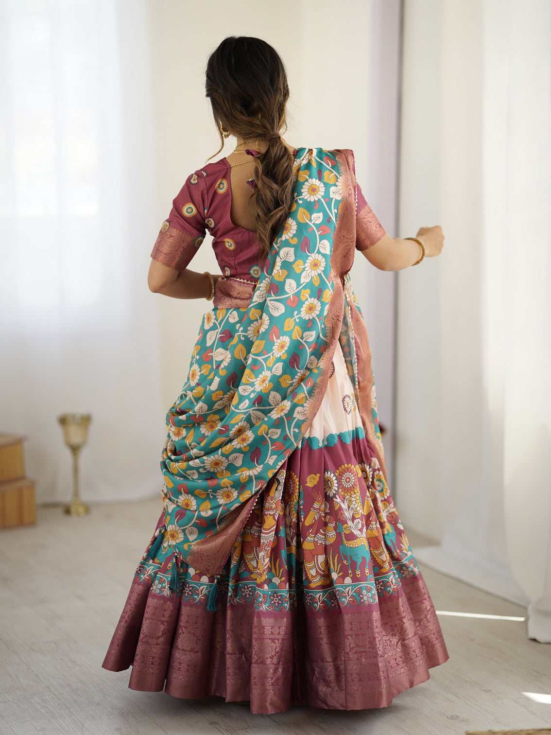 Wine turquoise kalamkari tussar silk lehenga with floral motifs zari border tassel dupatta wedding festive wear