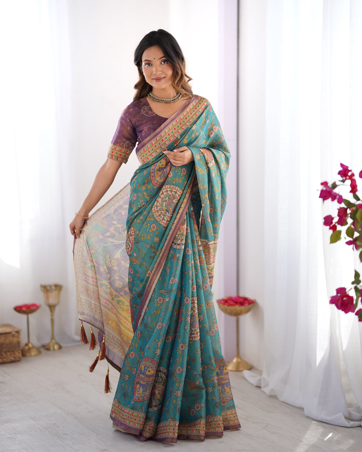 Sea green purple linen cotton saree with hand painted krishna raas leela pallu