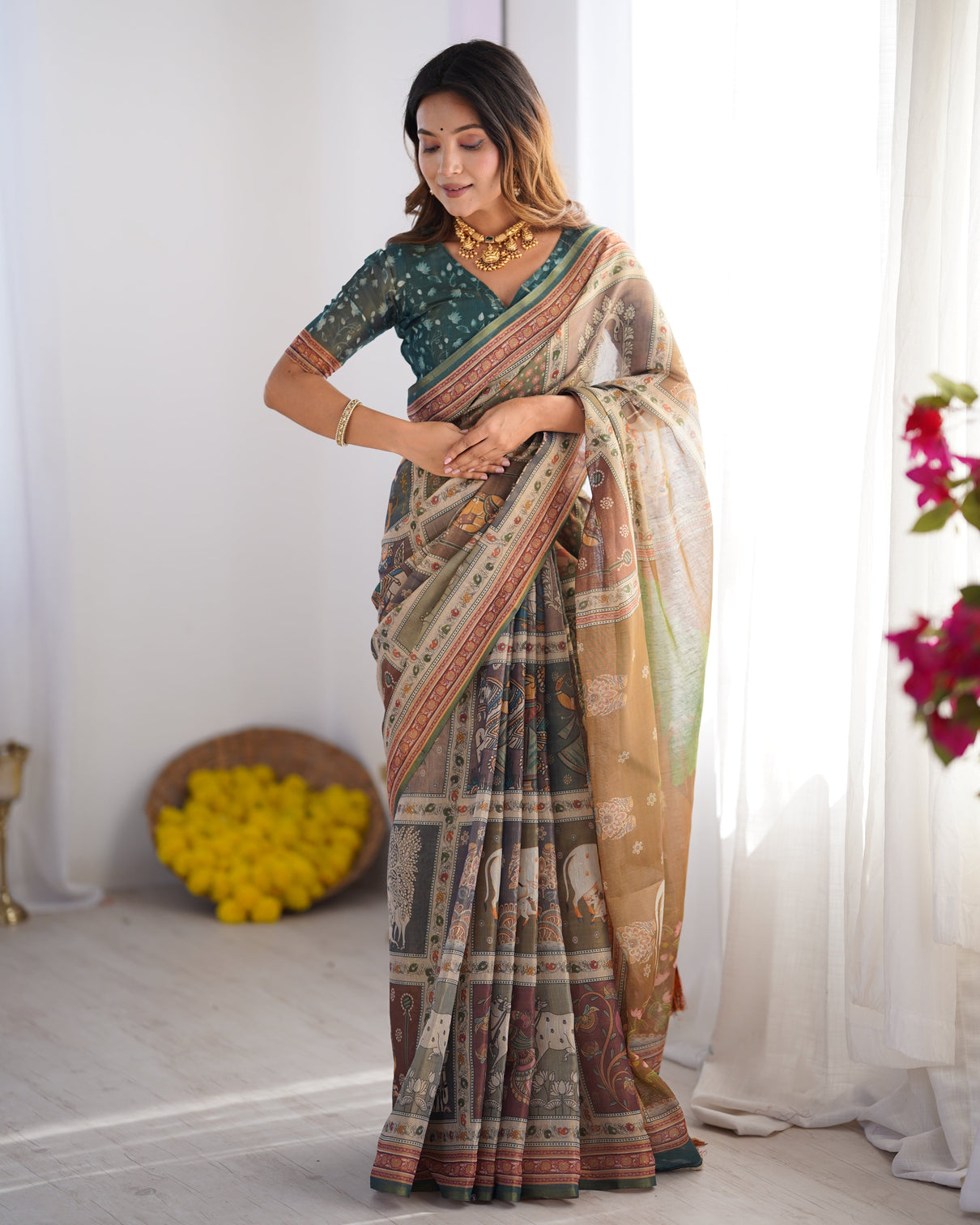 Teal green brown pure linen cotton handloom saree with royal cow tree motif pallu