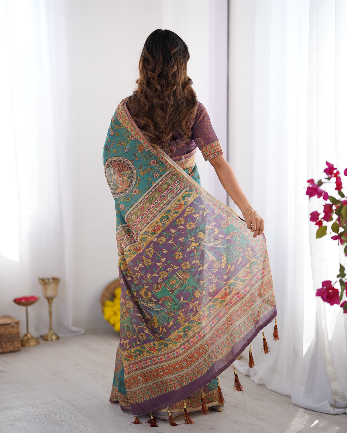Sea green purple linen cotton saree with hand painted krishna raas leela pallu