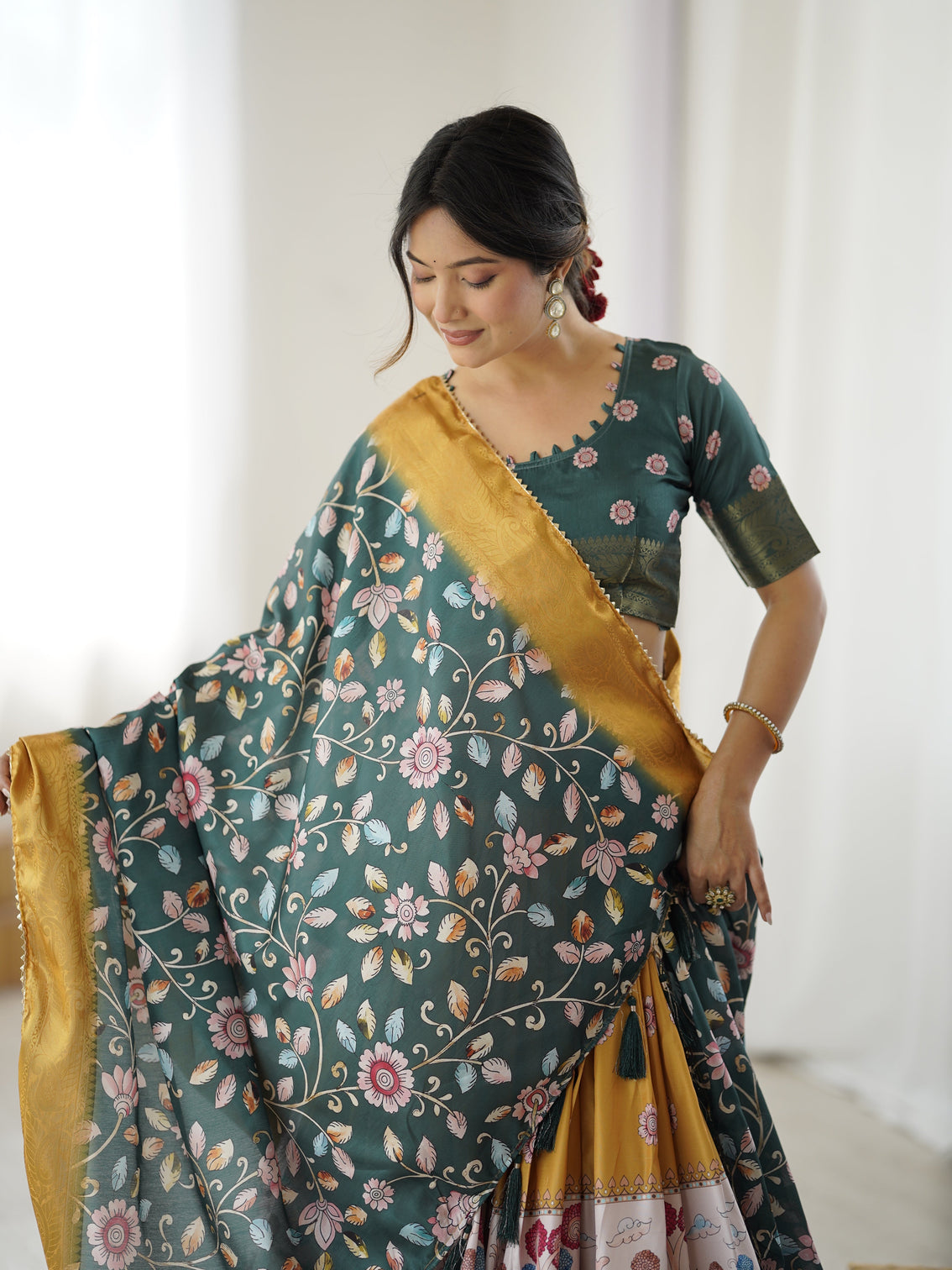 Bottle green kalamkari flared lehenga with mustard dupatta
