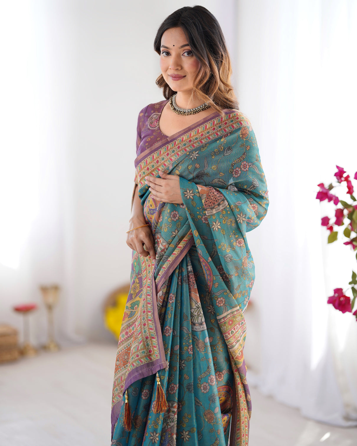 Sea green purple linen cotton saree with hand painted krishna raas leela pallu