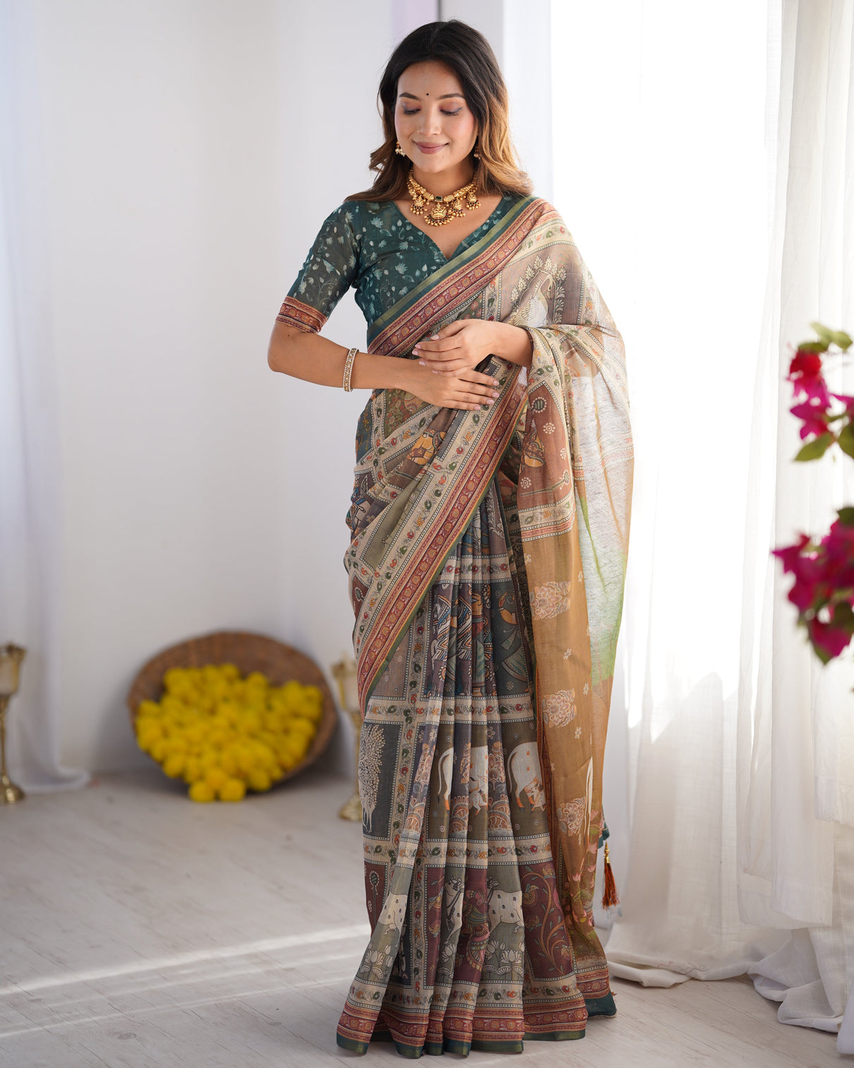 Teal green brown pure linen cotton handloom saree with royal cow tree motif pallu mameraa