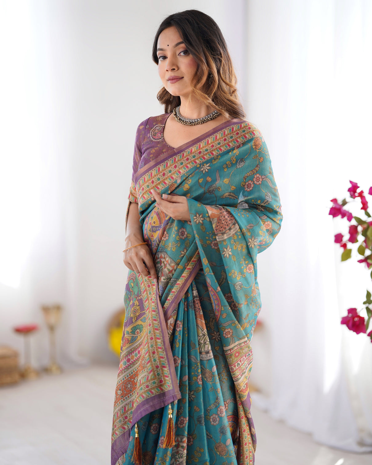 Sea green purple linen cotton saree with hand painted krishna raas leela pallu