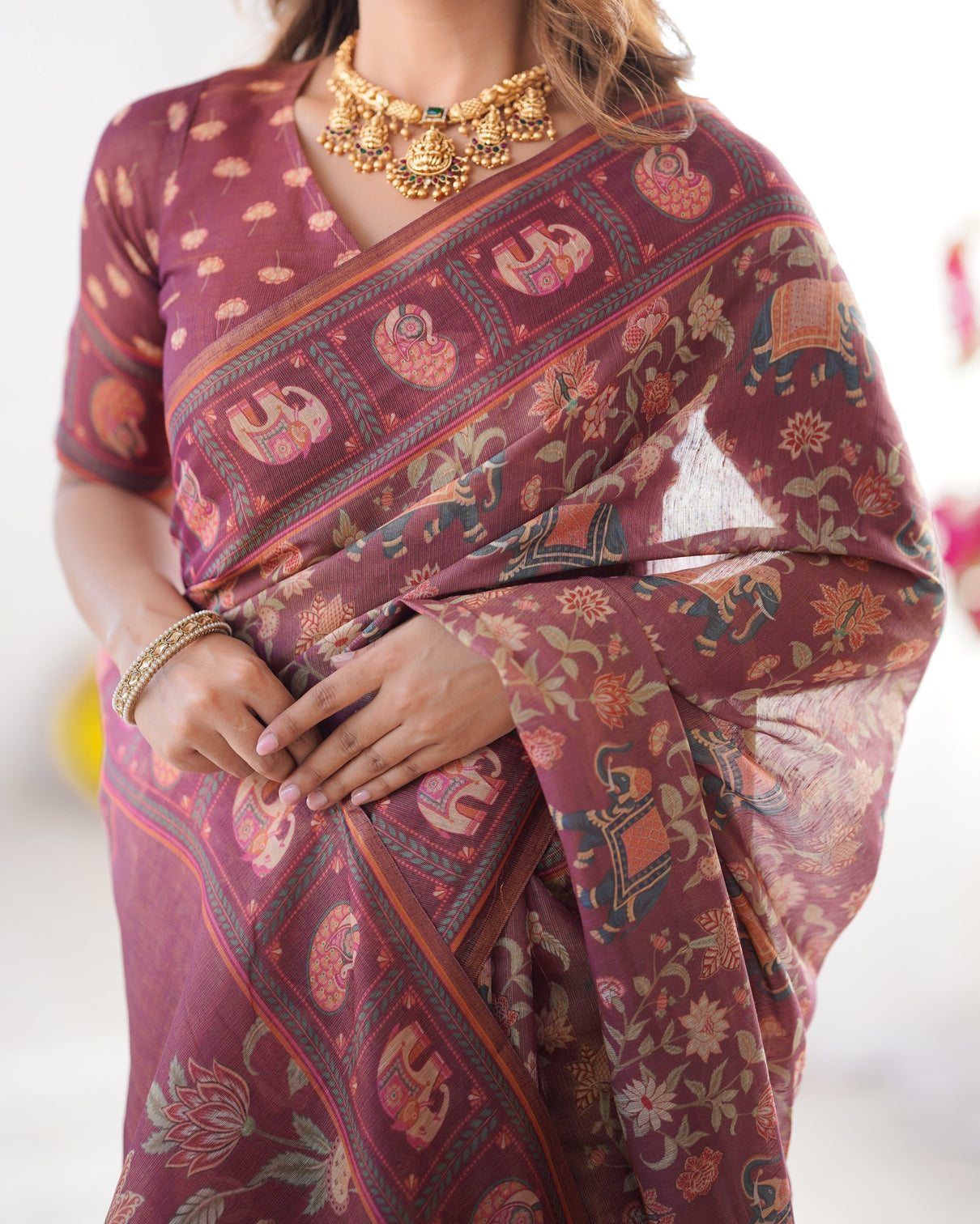 Maroon pure linen cotton handloom saree with elephant motifs and floral digital print