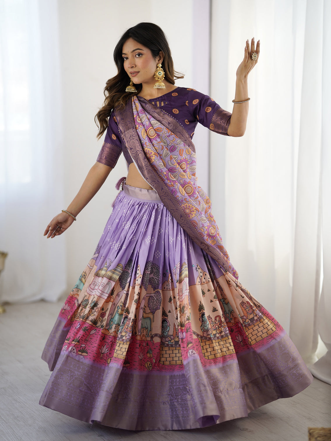 Elegant kalamkari lehenga in lavender and purple with mythical print and floral dupatta