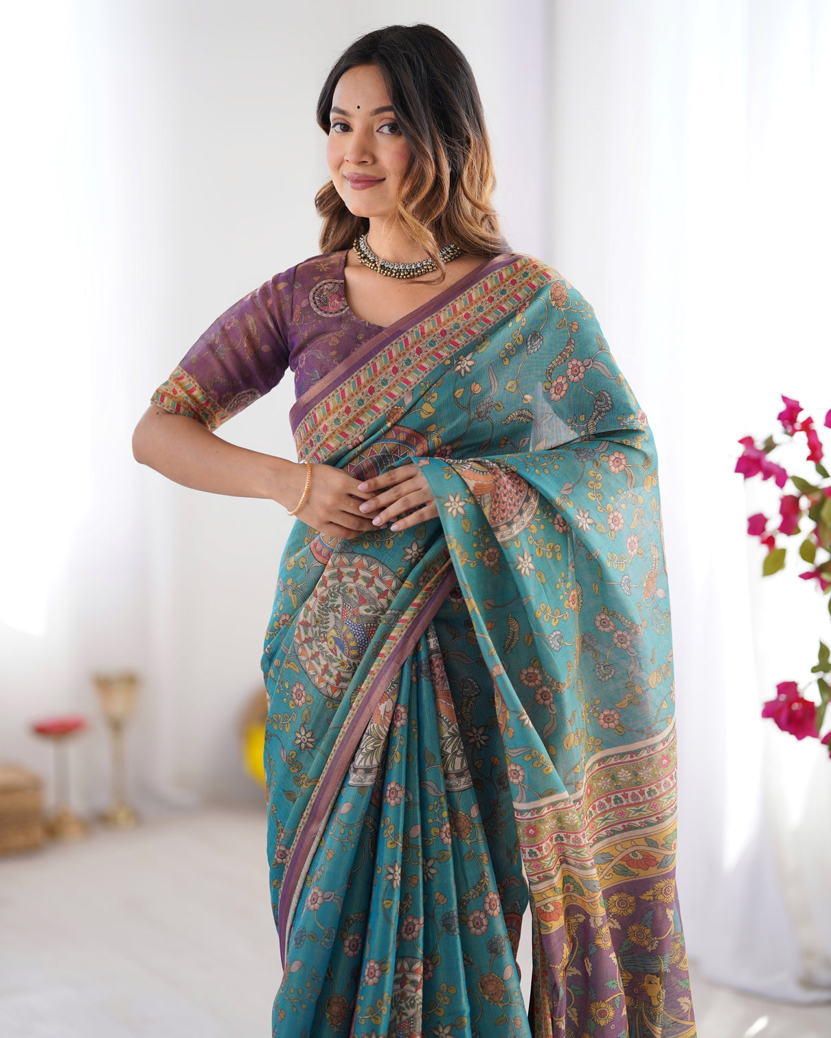 Sea green purple linen cotton saree with hand painted krishna raas leela pallu