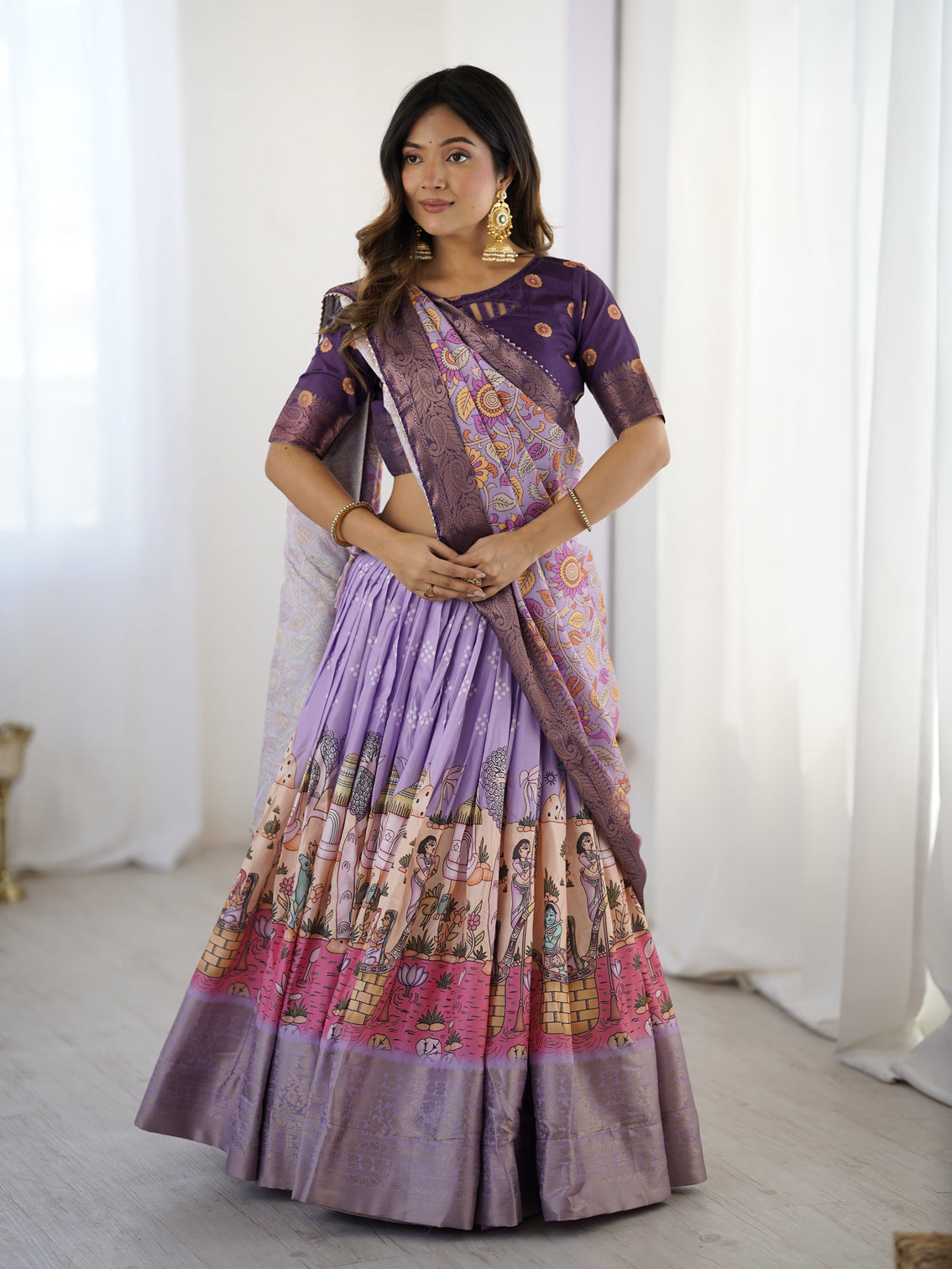Elegant kalamkari lehenga in lavender and purple with mythical print and floral dupatta mameraa