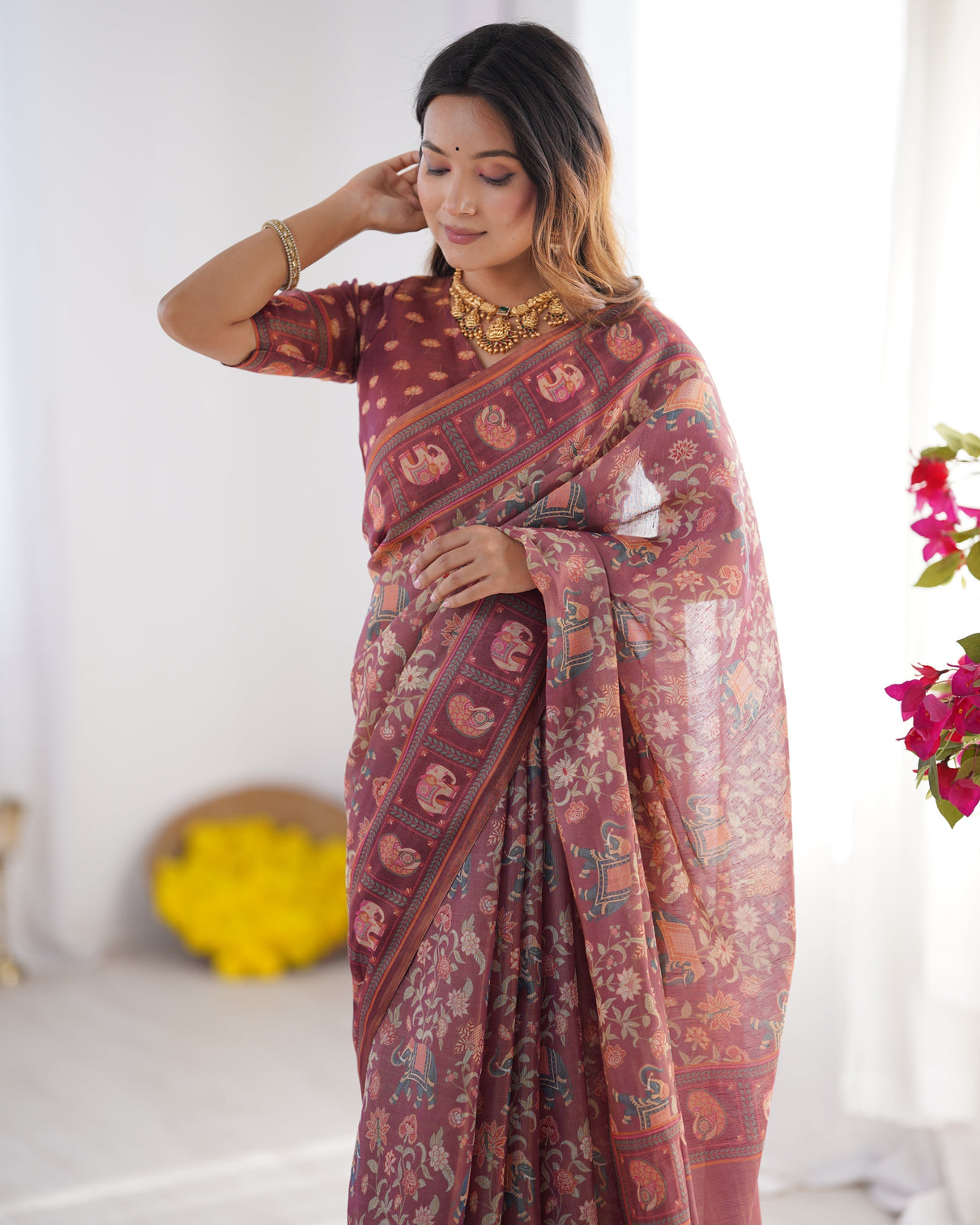 Maroon pure linen cotton handloom saree with elephant motifs and floral digital print