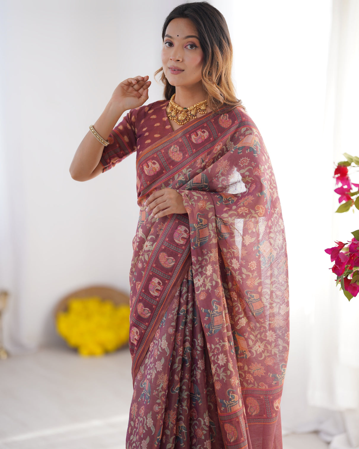 Maroon pure linen cotton handloom saree with elephant motifs and floral digital print