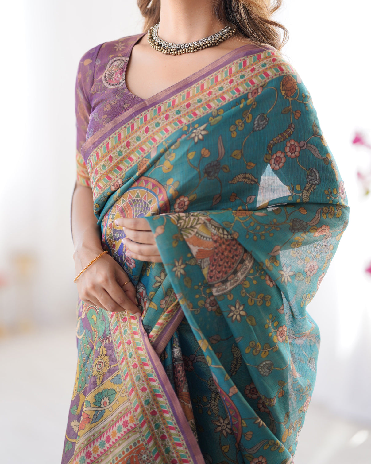 Sea green purple linen cotton saree with hand painted krishna raas leela pallu
