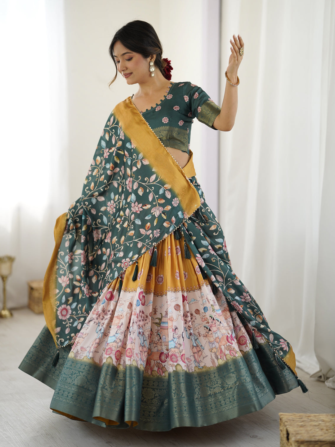 Bottle green kalamkari flared lehenga with mustard dupatta