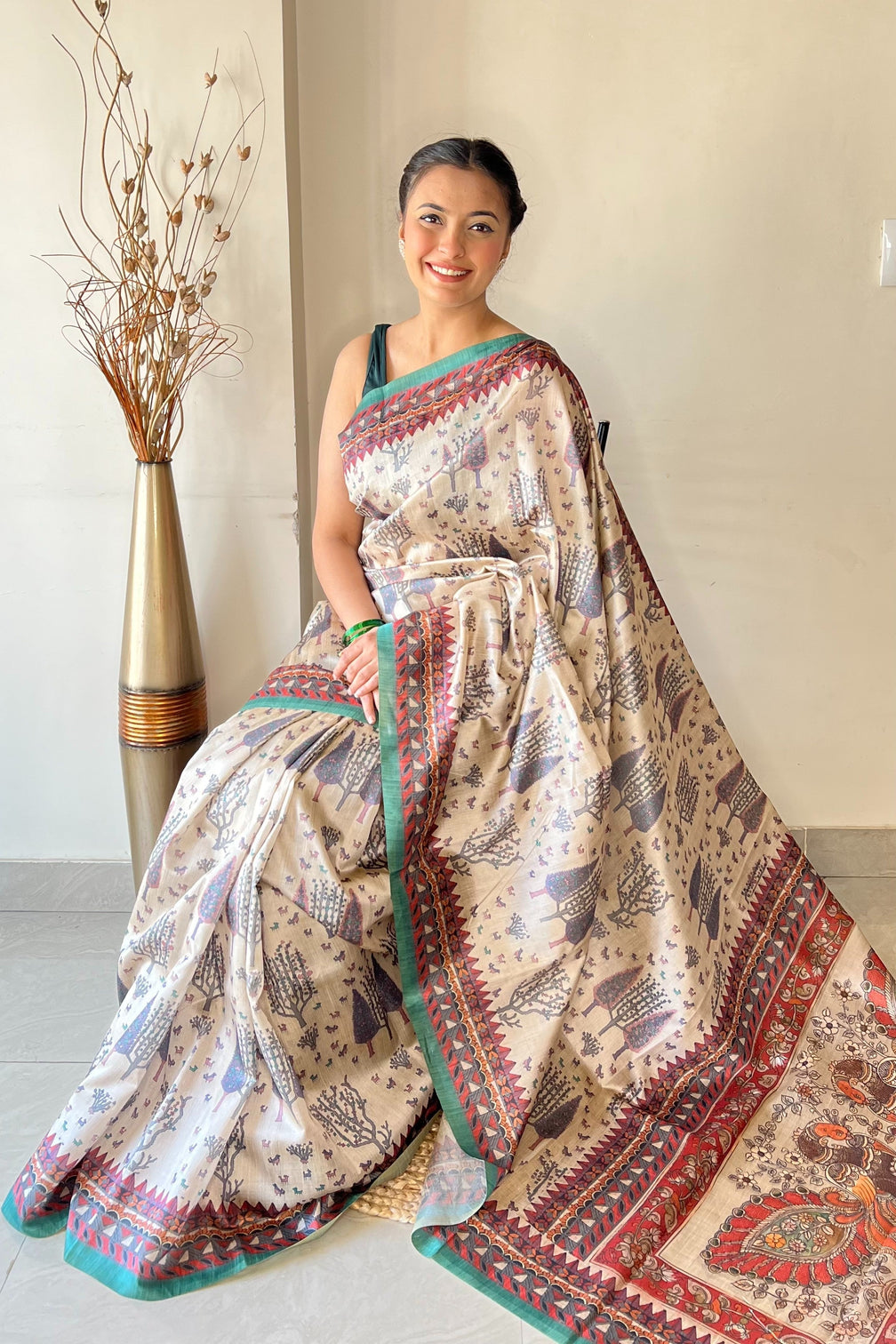 Teal Blue Saree in Kalamkari Cotton Print