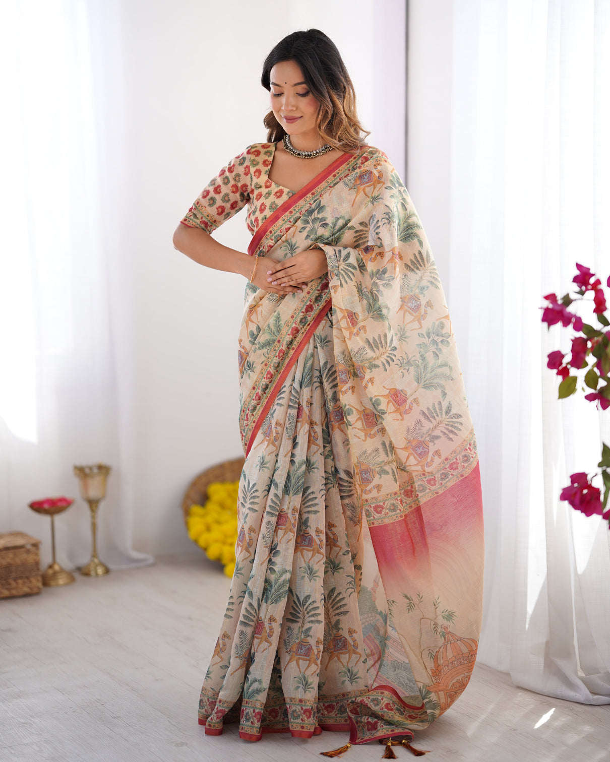 Beige red handloom linen cotton saree with camel caravan palace artwork mameraa