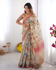 Beige red handloom linen cotton saree with camel caravan palace artwork mameraa