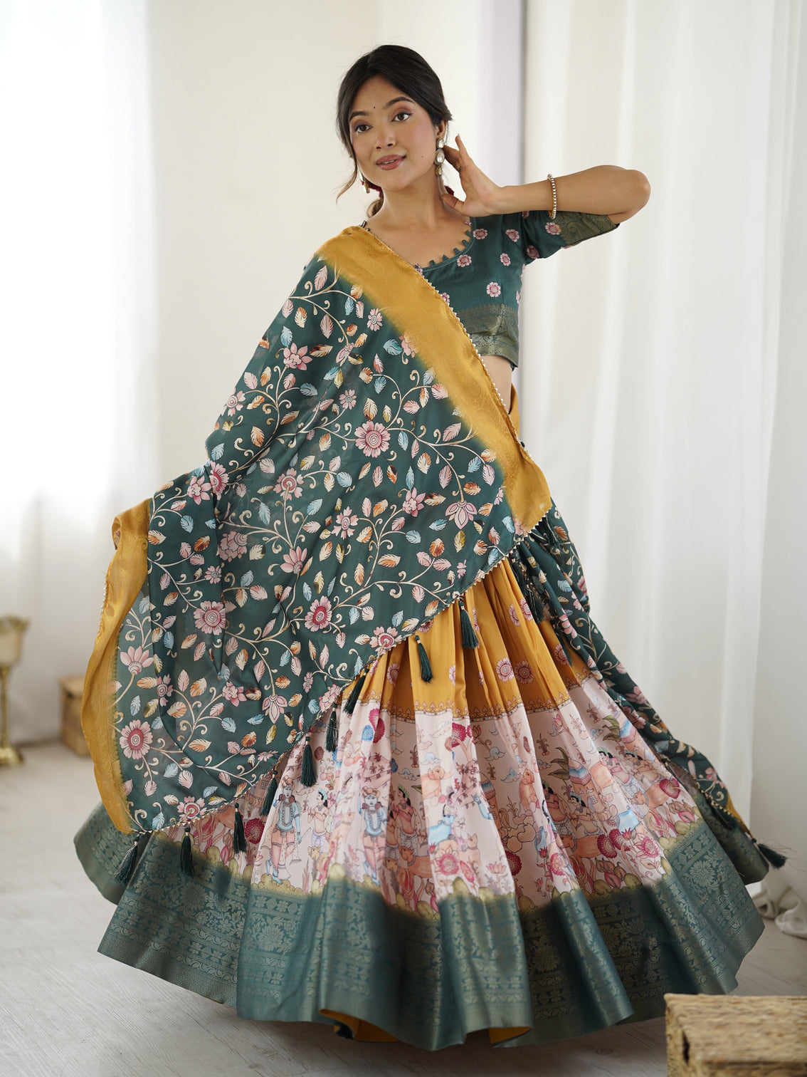 Bottle green kalamkari flared lehenga with mustard dupatta