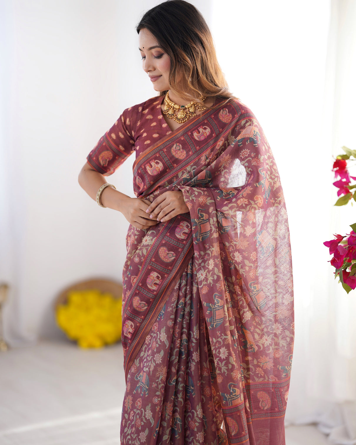 Maroon pure linen cotton handloom saree with elephant motifs and floral digital print