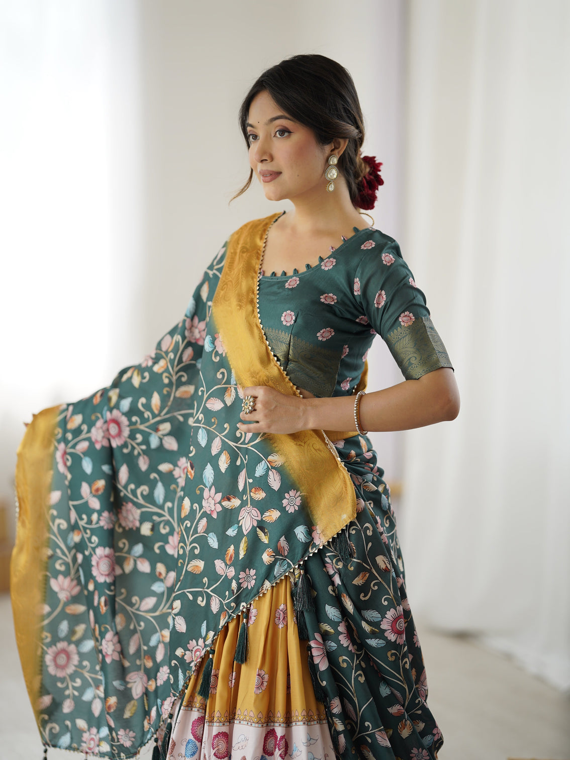 Bottle green kalamkari flared lehenga with mustard dupatta