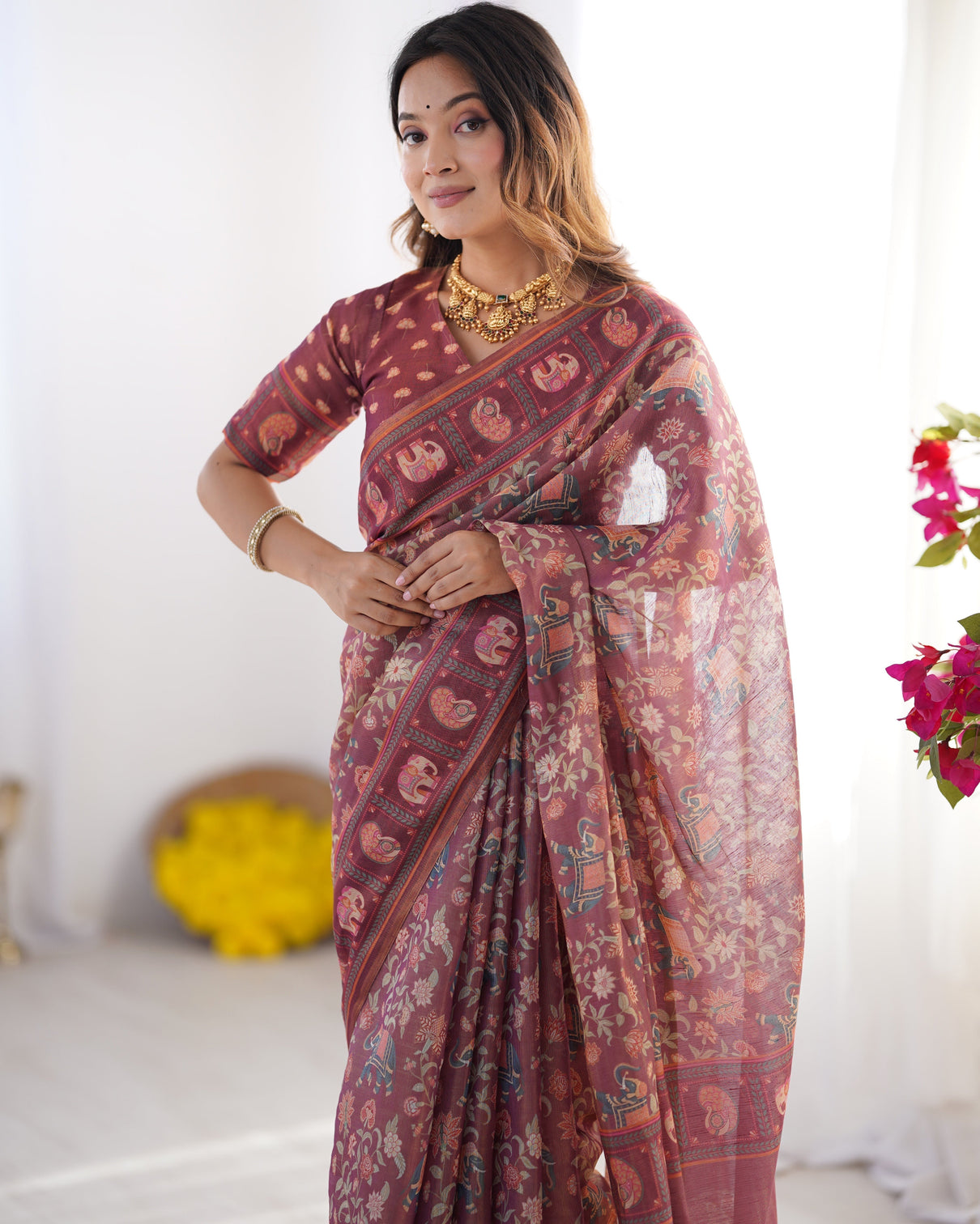 Maroon pure linen cotton handloom saree with elephant motifs and floral digital print