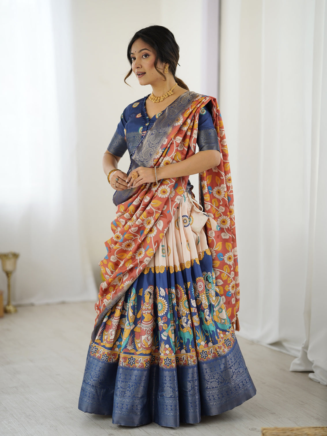 Royal blue peach kalamkari tussar silk lehenga with zari border floral tassel dupatta traditional festive wear
