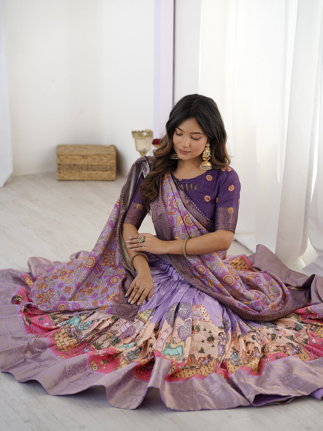 Elegant kalamkari lehenga in lavender and purple with mythical print and floral dupatta