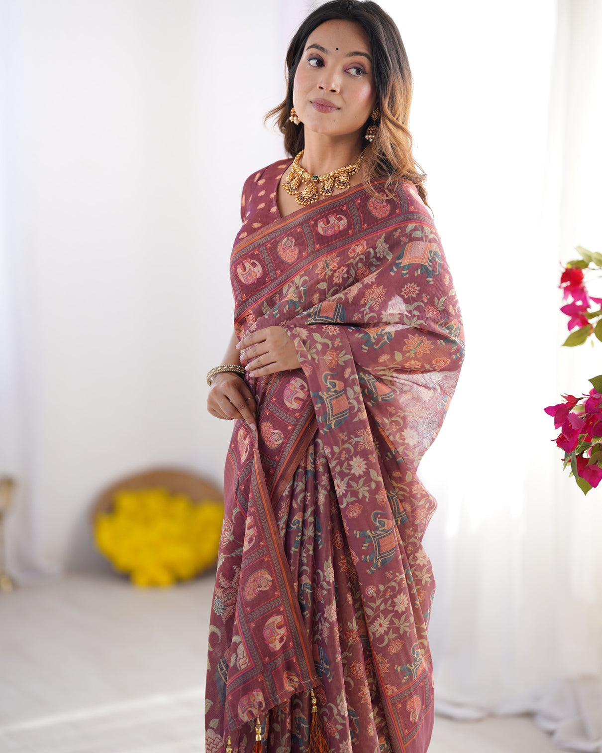 Maroon pure linen cotton handloom saree with elephant motifs and floral digital print