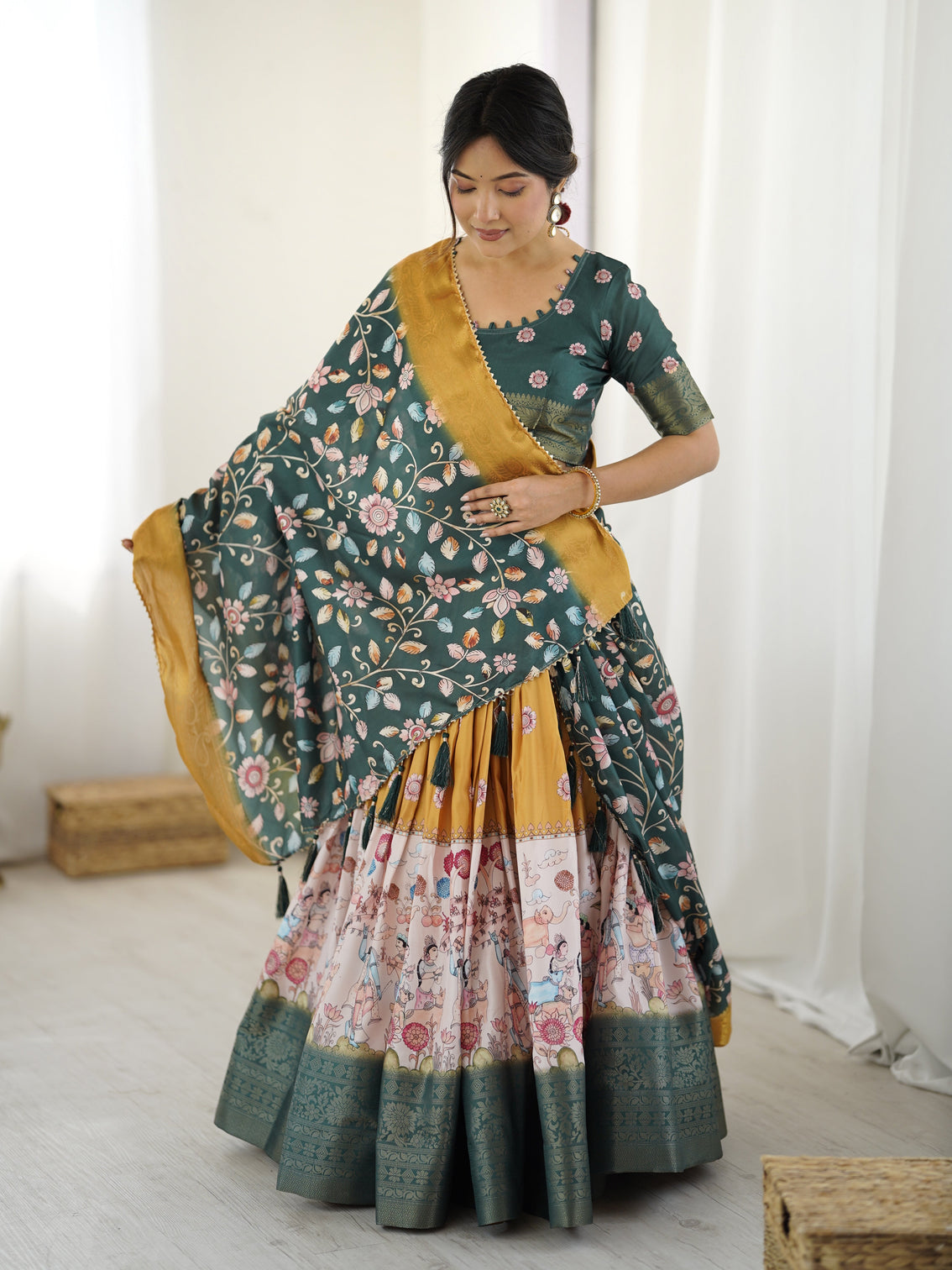 Bottle green kalamkari flared lehenga with mustard dupatta